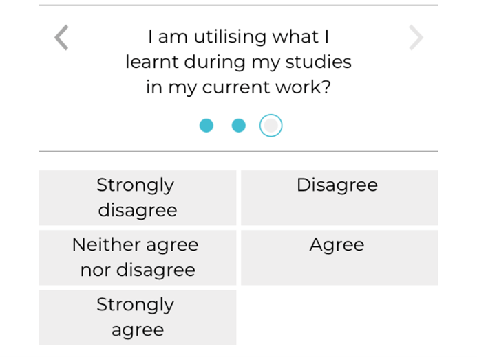 Likert scale survey questions in asked consecutively arranged for a small screen.