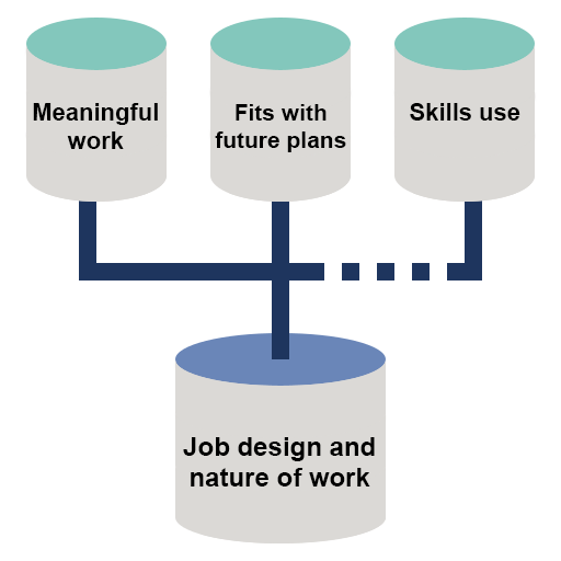 Three elements; meaningful work, fits with future plans and skills use, feeding into the larger element of job design and nature of work.