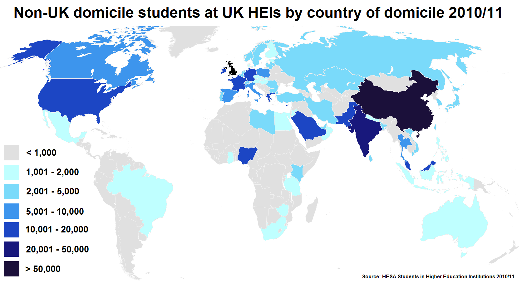 Non-UK domicile students at UK HEIs by country of domicile