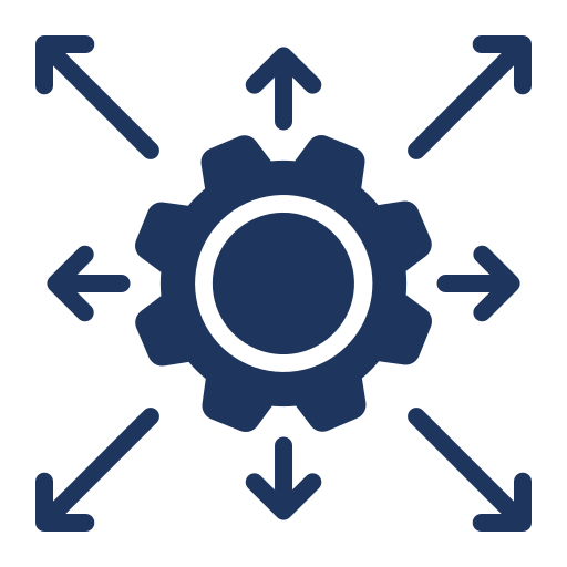 A cog surrounded by arrows pointing outward in all directions.