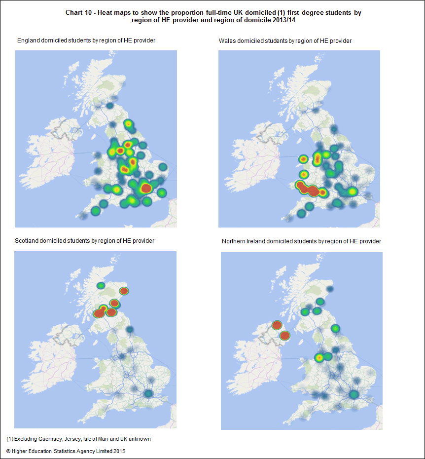 Heat maps to show the proportion full-time UK domiciled first degree students by region of HE provider and region of domicile 2013/14