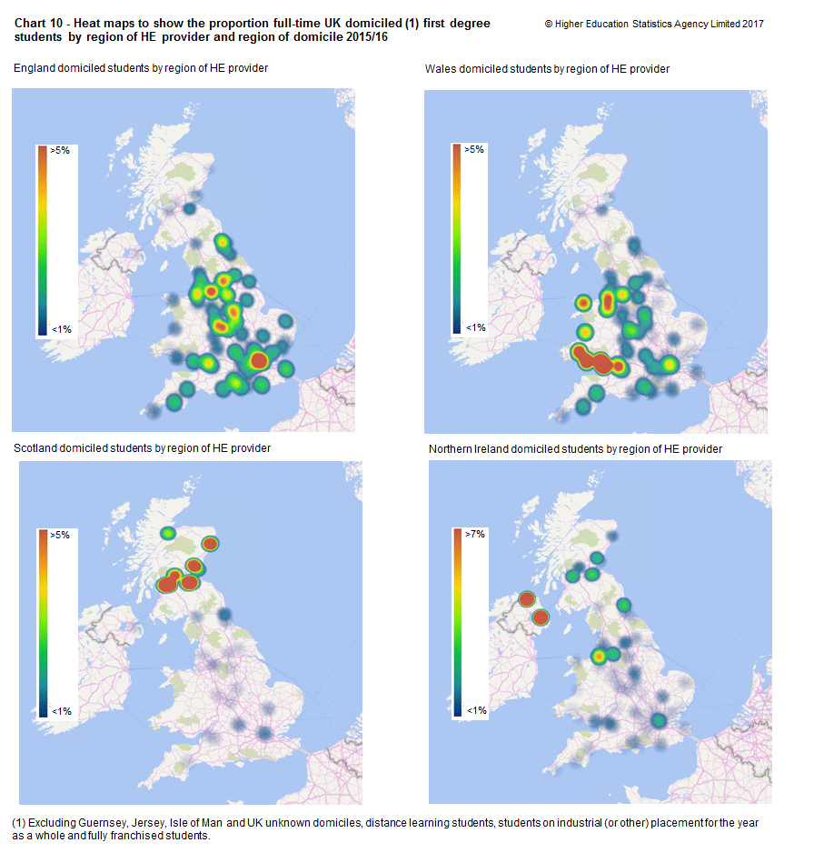 Chart 10 - Heat maps to show the proportion full-time UK domiciled (1) first degree  students by region of HE provider and region of domicile 2015/16